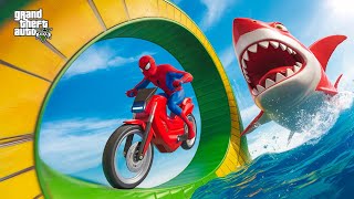 الأبطال الخارقين على القضبان دوامة قمع جسر SPIDER MAN 🏍️🕸️on Motorcycle in Spiral Bridge Stunt Ride [upl. by Jaella]