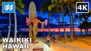 4K Waikiki Beach at Night in Honolulu Hawaii USA Walking Tour amp Travel Vacation Guide Kalakaua [upl. by Guimar]