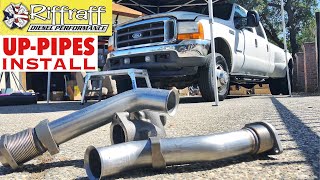 2001 F350 73  RiffRaff UpPipes Install  Stock up pipes leaking and falling apart JUNK SP [upl. by Littell]