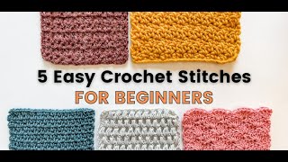 5 CROCHET STITCHES FOR BEGINNERS V Moss Puff Griddle amp Shell [upl. by Neerhtak]